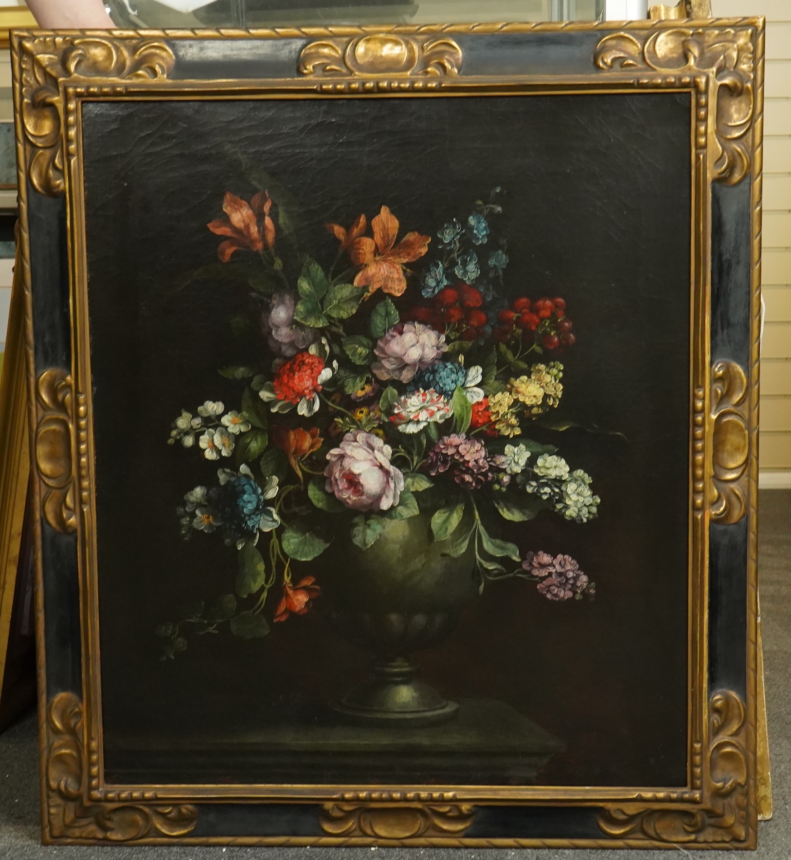 17th century Dutch School , Still life of flowers in a vase upon a ledge, oil on canvas, 70 x 60cm